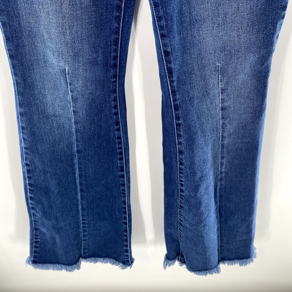Kancan High Rise Flare Jeans Raw Hem Womens Sz 11/29 Blue Denim Front‎ Seam Boho - Picture 10 of 12